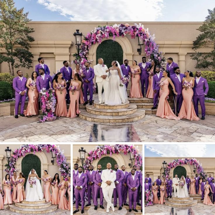 The full wedding party in purple and blush surrounding the couple beneath a floral arch